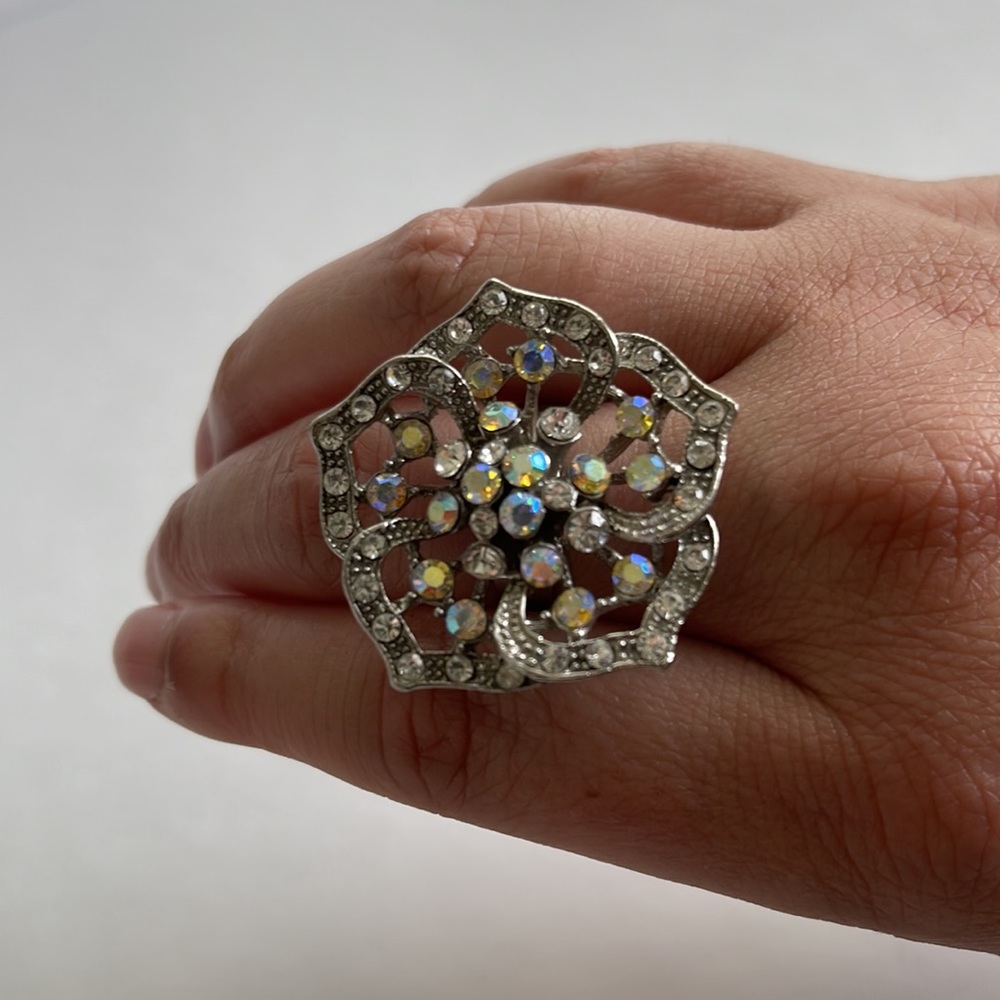 Large Iridescent Rhinestone Flower Adjustable Ring